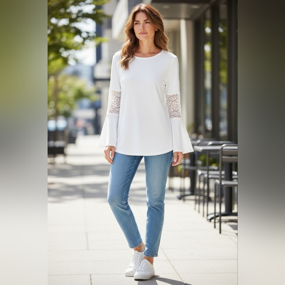 Susan Graver Ivory Liquid Knit Poet Sleeves Top NWOT Size M